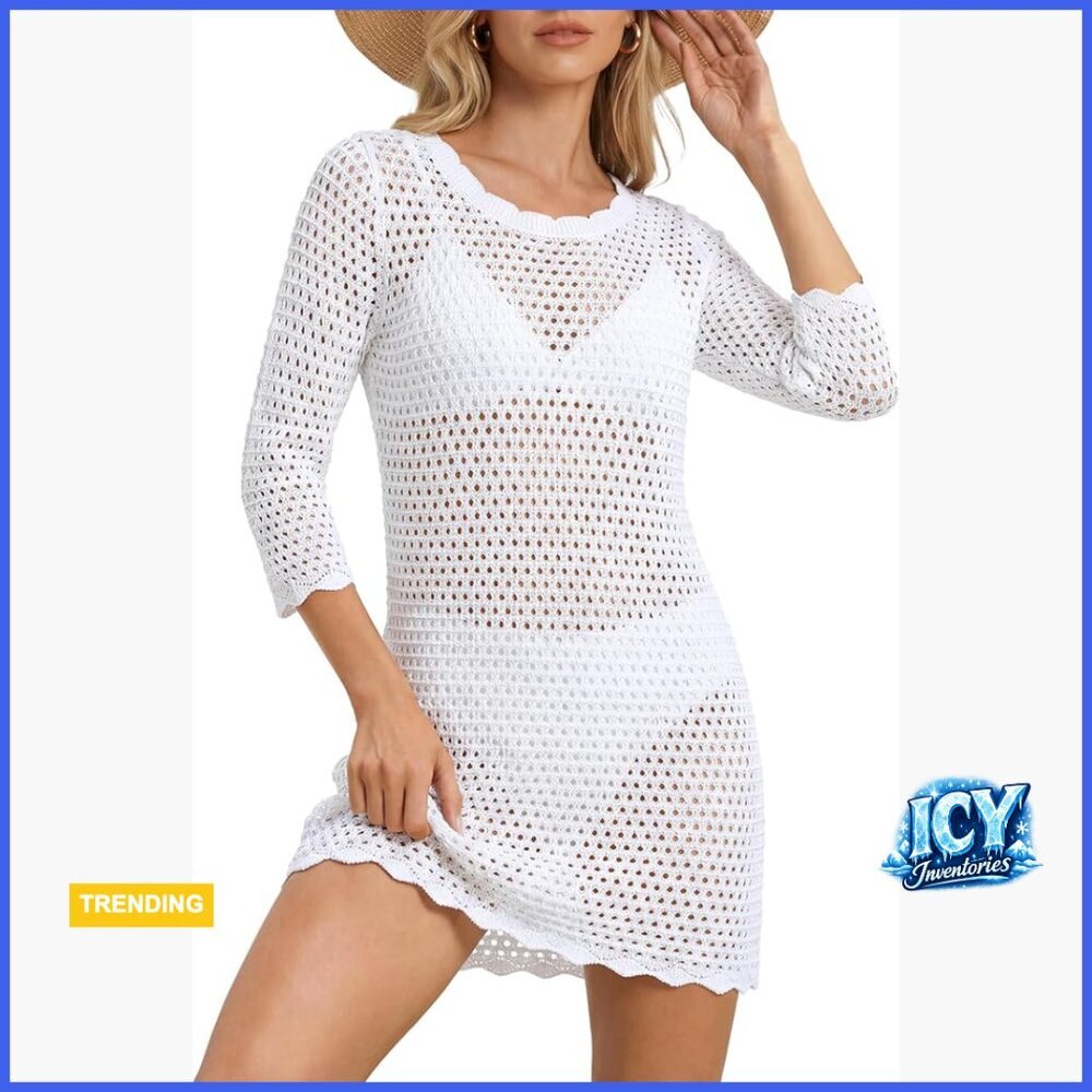 Crochet Cover Up 3/4 Sleeve Beach Dress Recycled Material